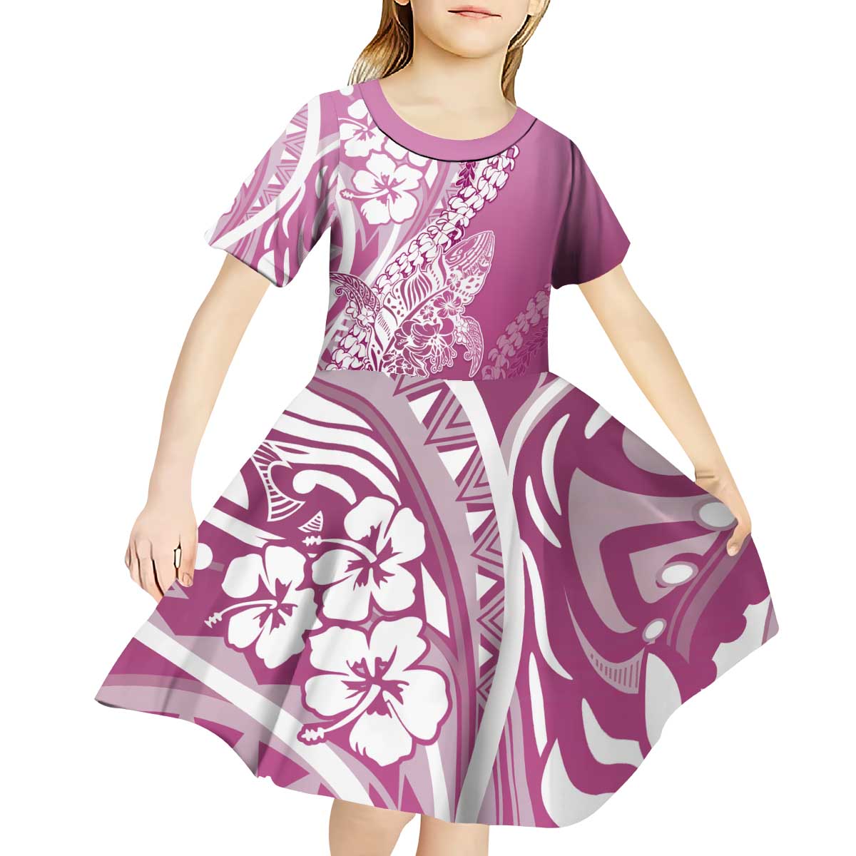 Hawaii Puakenikeni And Maile Lei Kid Short Sleeve Dress Pink Polynesian Shark Tattoo DT05 - Polynesian Pride