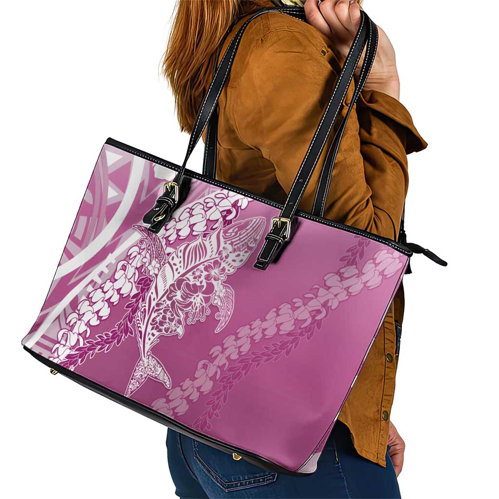 Hawaii Puakenikeni And Maile Lei Leather Tote Bag Pink Polynesian Shark Tattoo DT05