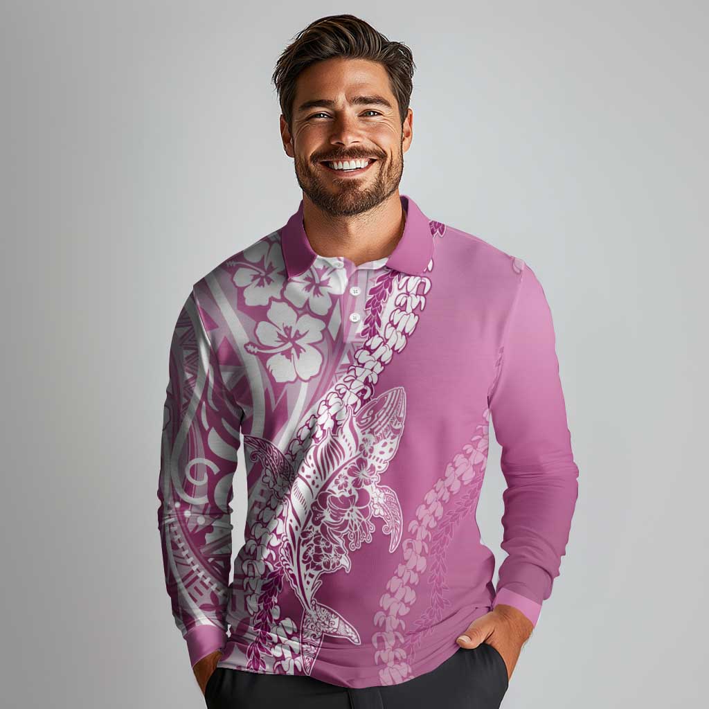 Hawaii Puakenikeni And Maile Lei Long Sleeve Polo Shirt Pink Polynesian Shark Tattoo DT05 - Polynesian Pride