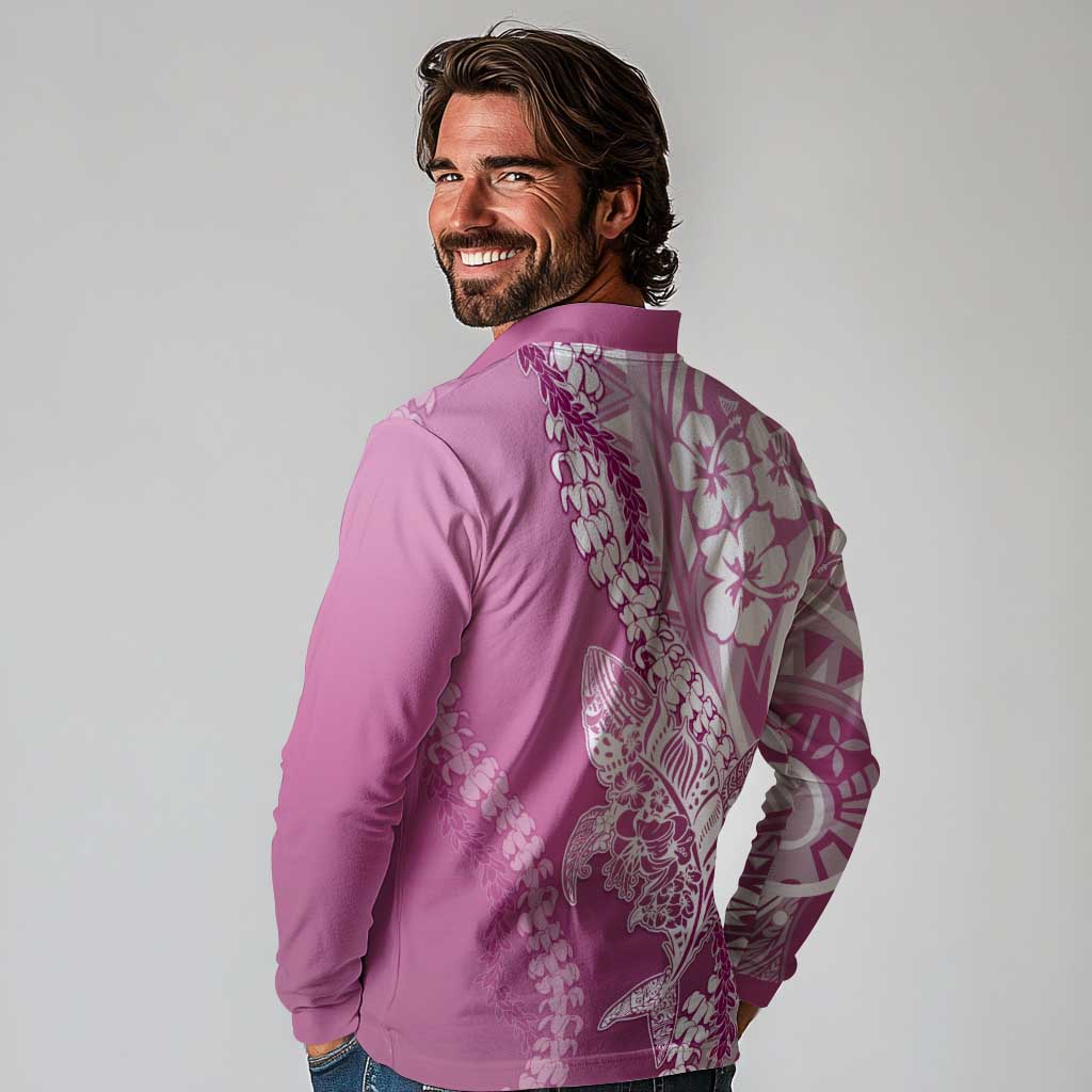 Hawaii Puakenikeni And Maile Lei Long Sleeve Polo Shirt Pink Polynesian Shark Tattoo DT05 - Polynesian Pride