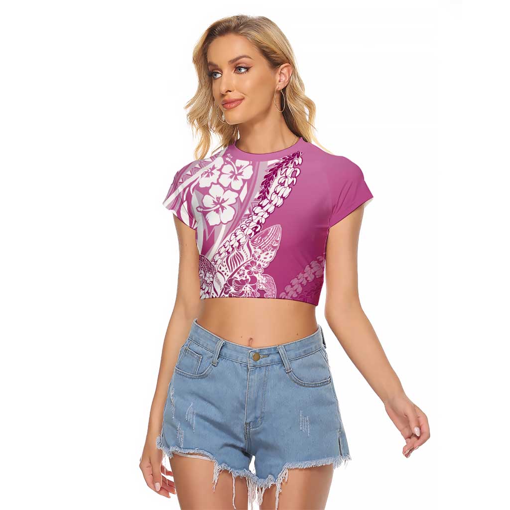 Hawaii Puakenikeni And Maile Lei Raglan Cropped T Shirt Pink Polynesian Shark Tattoo DT05 Female Pink - Polynesian Pride