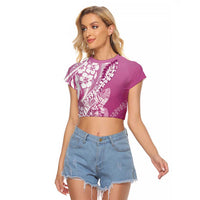 Hawaii Puakenikeni And Maile Lei Raglan Cropped T Shirt Pink Polynesian Shark Tattoo DT05 Female Pink - Polynesian Pride