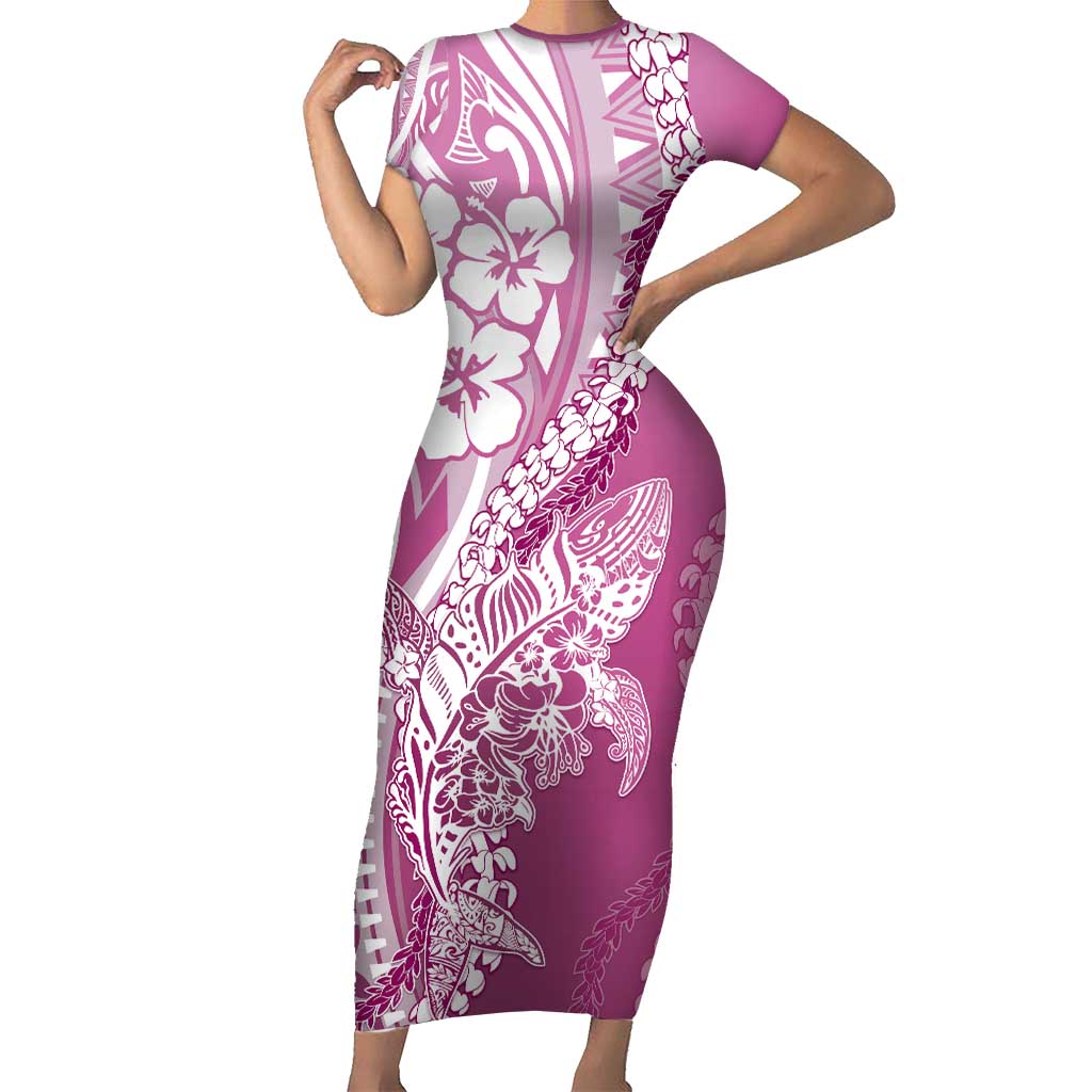 Hawaii Puakenikeni And Maile Lei Short Sleeve Bodycon Dress Pink Polynesian Shark Tattoo DT05 Long Dress Pink - Polynesian Pride