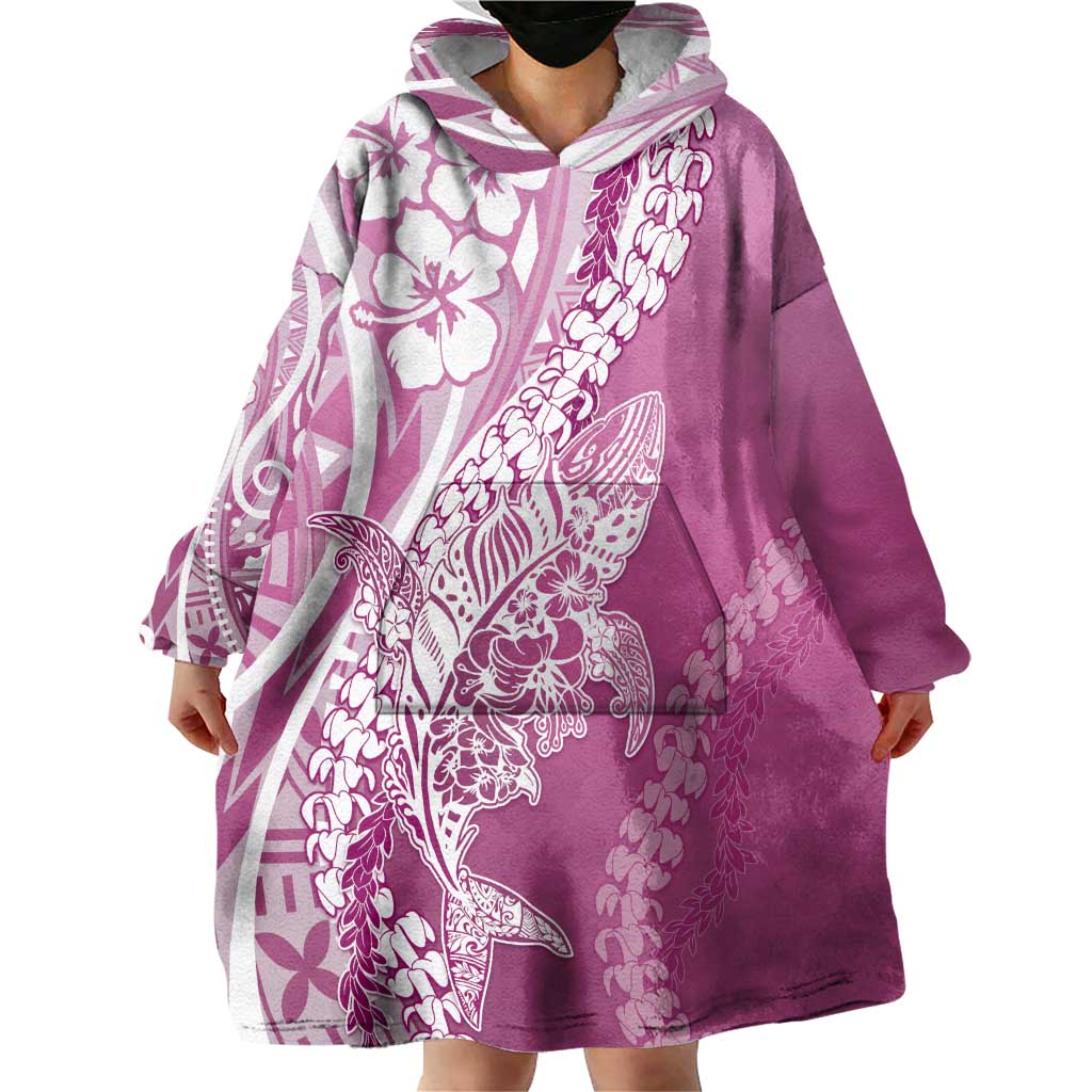 Hawaii Puakenikeni And Maile Lei Wearable Blanket Hoodie Pink Polynesian Shark Tattoo DT05 - Polynesian Pride