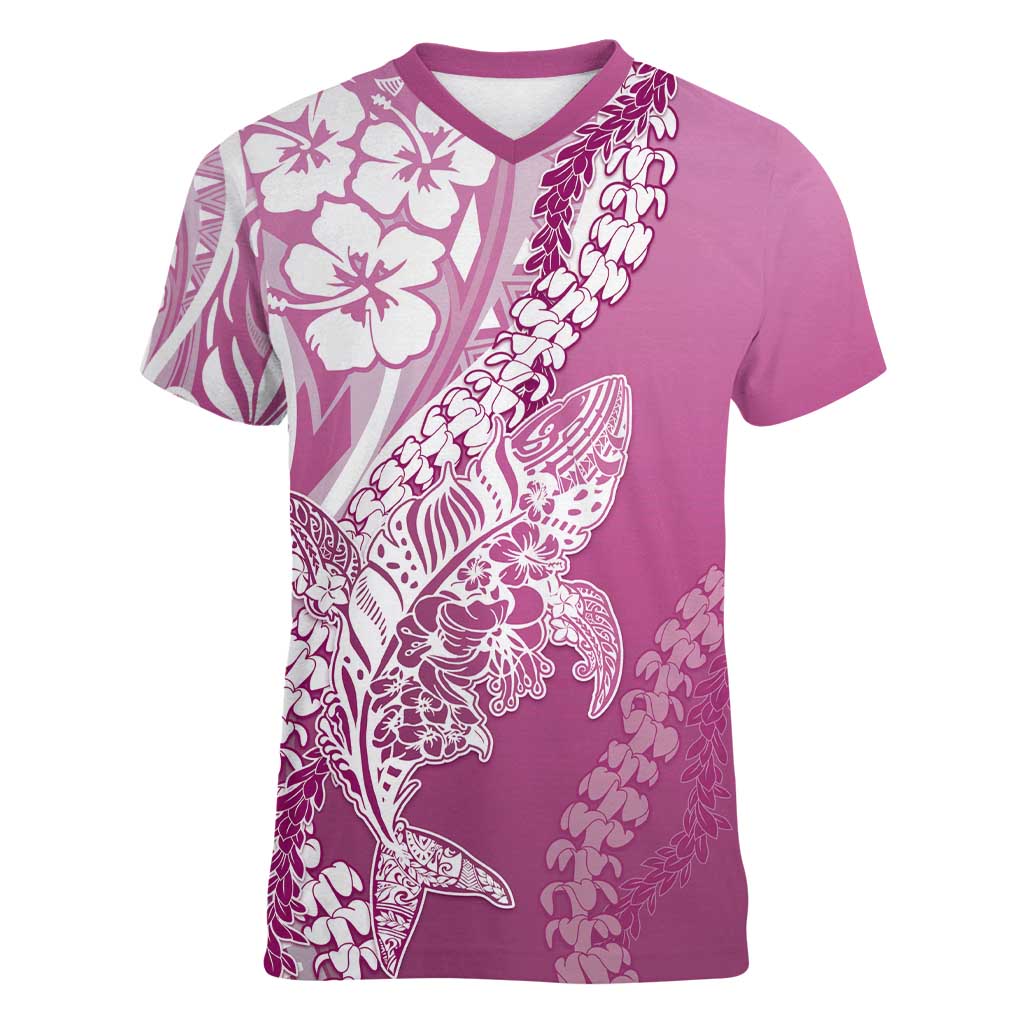 Hawaii Puakenikeni And Maile Lei Women V-Neck T-Shirt Pink Polynesian Shark Tattoo DT05 Female Pink - Polynesian Pride