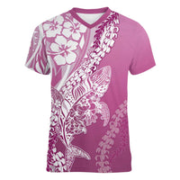 Hawaii Puakenikeni And Maile Lei Women V-Neck T-Shirt Pink Polynesian Shark Tattoo DT05 Female Pink - Polynesian Pride