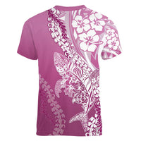 Hawaii Puakenikeni And Maile Lei Women V-Neck T-Shirt Pink Polynesian Shark Tattoo DT05 - Polynesian Pride