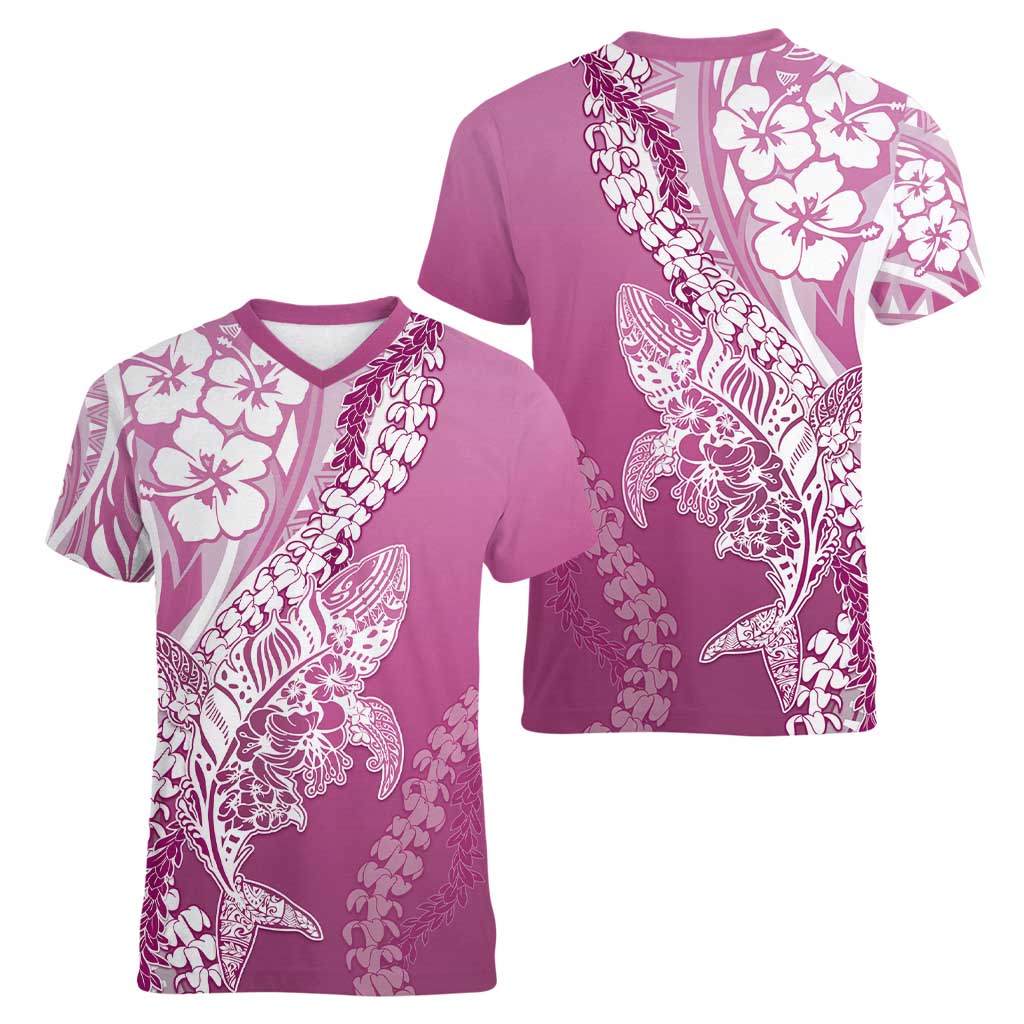 Hawaii Puakenikeni And Maile Lei Women V-Neck T-Shirt Pink Polynesian Shark Tattoo DT05 - Polynesian Pride