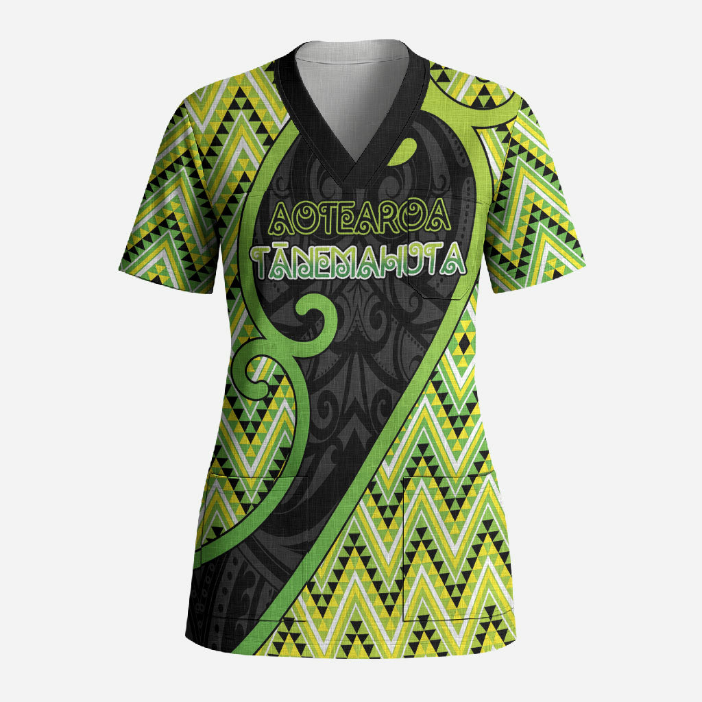 Custom Aotearoa Atua Tanemahuta Scrub Top God Of Forests Koru Patterns Koru Patterns DT05 Adult Green - Polynesian Pride