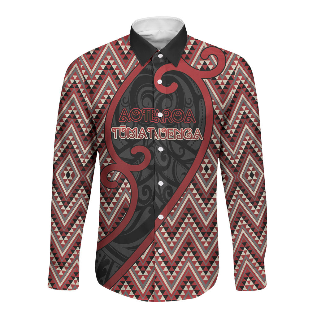 Custom Aotearoa Atua Tumatauenga Long Sleeve Button Shirt God Of War Koru Patterns DT05 Unisex Red - Polynesian Pride