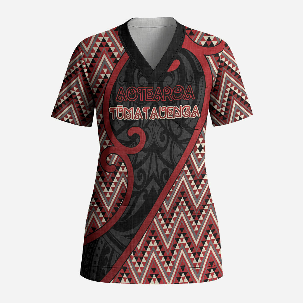 Custom Aotearoa Atua Tumatauenga Scrub Top God Of War Koru Patterns DT05 Adult Red - Polynesian Pride