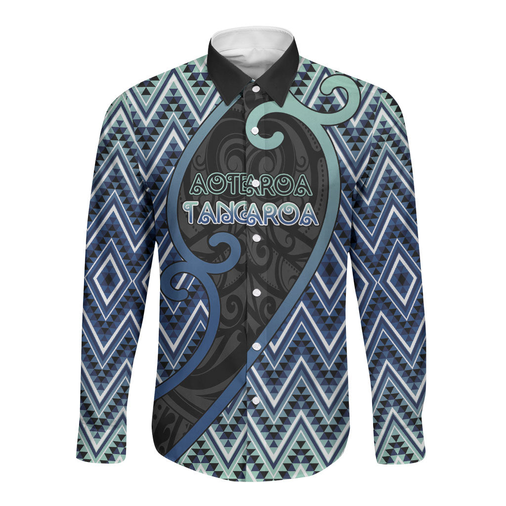 Custom Aotearoa Atua Tangaroa Long Sleeve Button Shirt God Of Ocean Koru Patterns DT05 Unisex Navy - Polynesian Pride