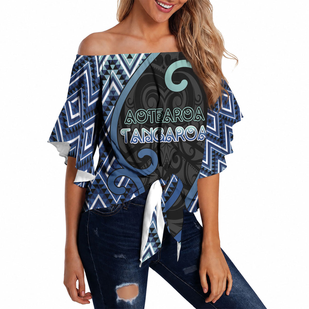 Custom Aotearoa Atua Tangaroa Off Shoulder Wrap Waist Top God Of Ocean Koru Patterns