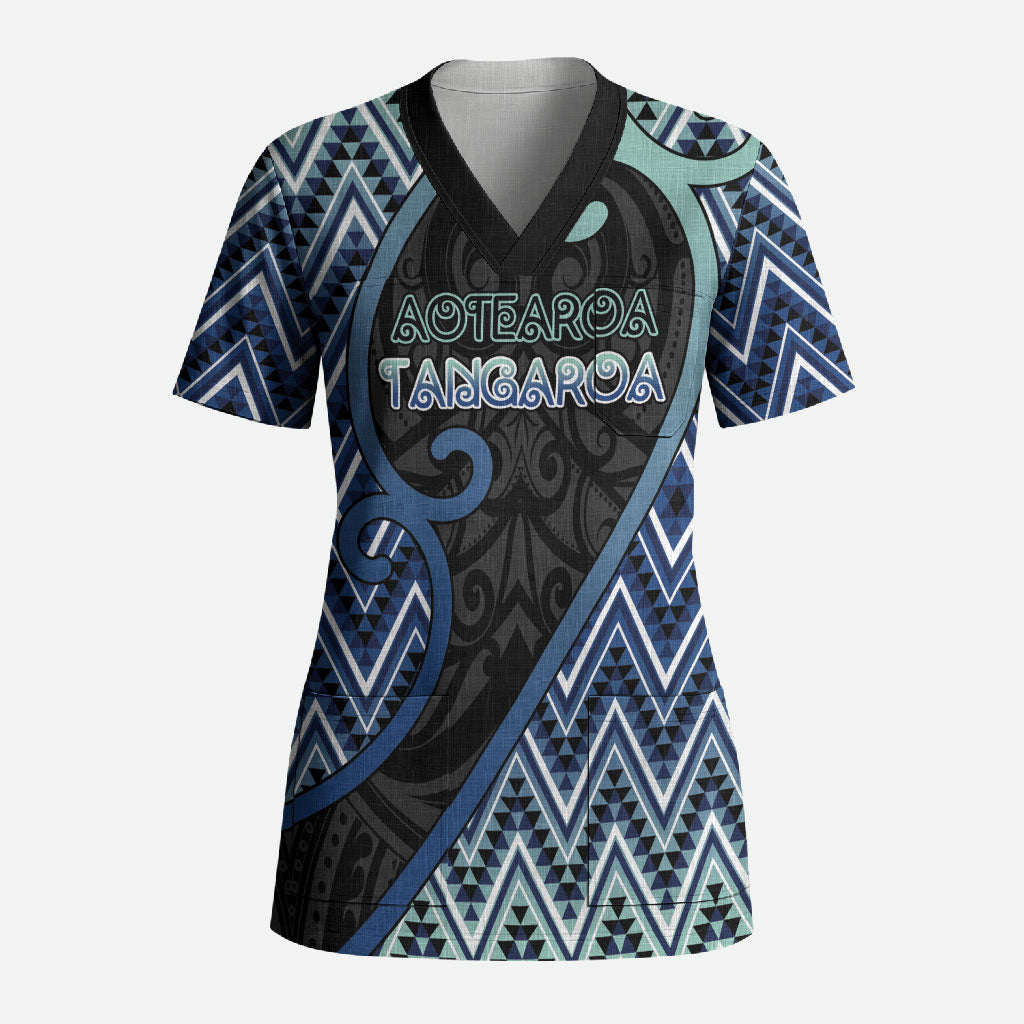 Custom Aotearoa Atua Tangaroa Scrub Top God Of Ocean Koru Patterns DT05 Adult Navy - Polynesian Pride