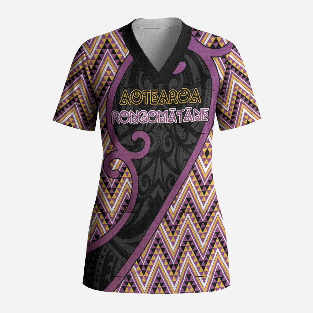 Custom Aotearoa Atua Rongomatane Scrub Top God Of Cultivated Foods Koru Patterns DT05 Adult Purple - Polynesian Pride