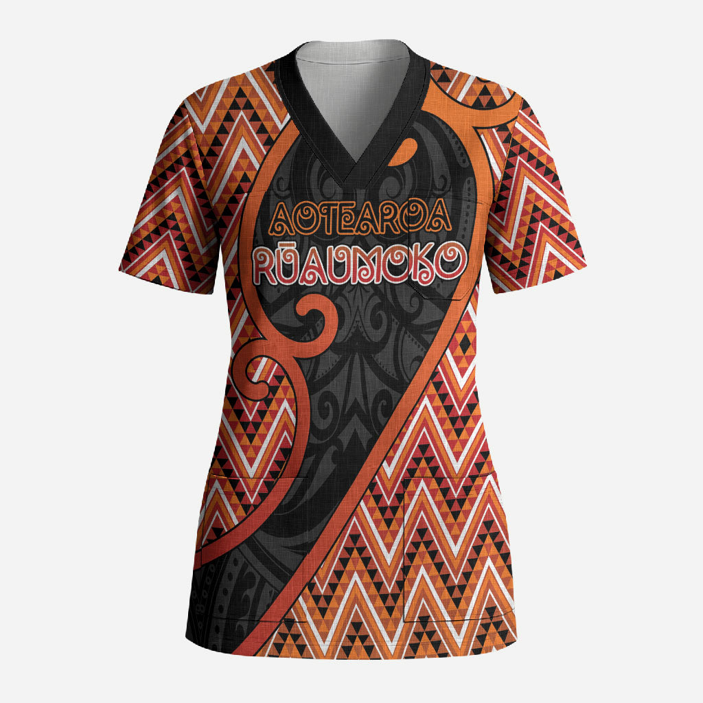 Custom Aotearoa Atua Ruaumoko Scrub Top God Of Volcanoes Koru Patterns DT05 Adult Orange - Polynesian Pride