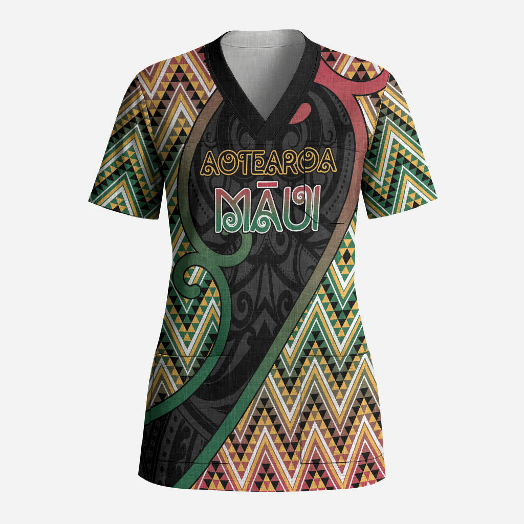 Custom Aotearoa Atua Maui Scrub Top Demigod Hero And Trickster Koru Patterns DT05 Adult Green - Polynesian Pride