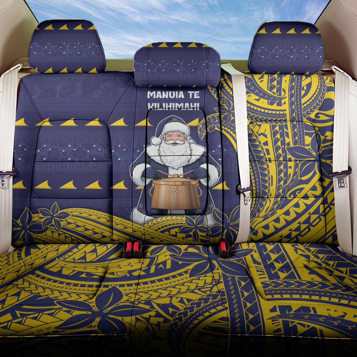 Tokelau Christmas Back Car Seat Cover Santa With Tuluma Xmas Tribal Waves DT05 One Size Navy - Polynesian Pride