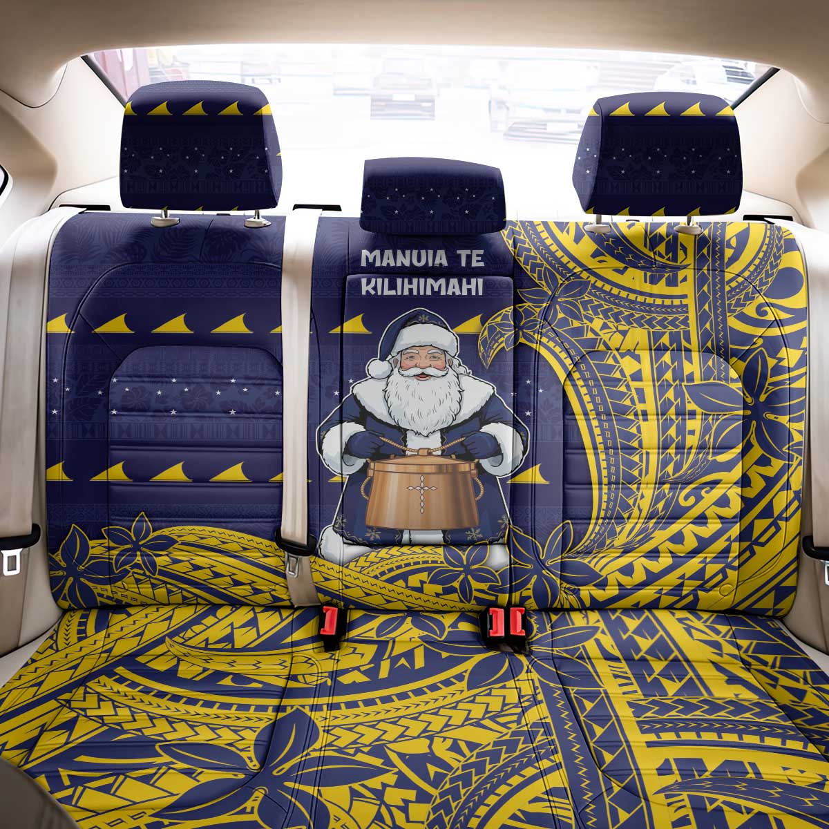 Tokelau Christmas Back Car Seat Cover Santa With Tuluma Xmas Tribal Waves DT05 - Polynesian Pride