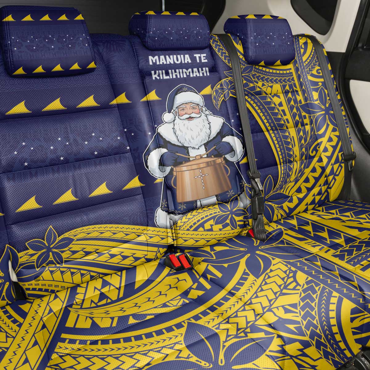 Tokelau Christmas Back Car Seat Cover Santa With Tuluma Xmas Tribal Waves DT05 - Polynesian Pride