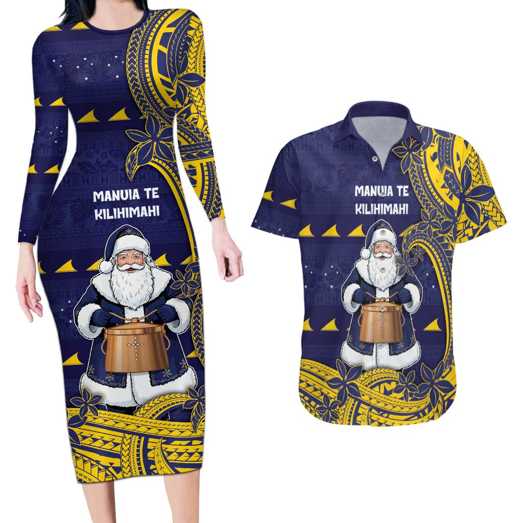 Tokelau Christmas Couples Matching Long Sleeve Bodycon Dress and Hawaiian Shirt Santa With Tuluma Xmas Tribal Waves DT05 Navy - Polynesian Pride