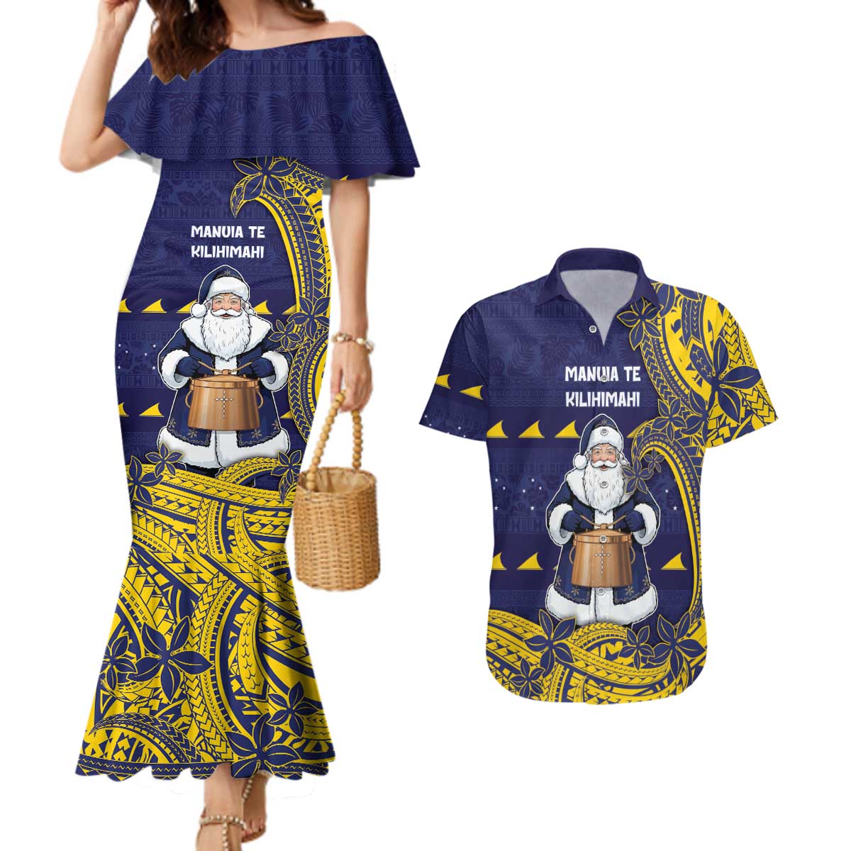 Tokelau Christmas Couples Matching Mermaid Dress and Hawaiian Shirt Santa With Tuluma Xmas Tribal Waves DT05 Navy - Polynesian Pride