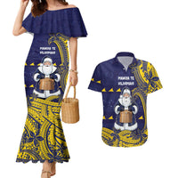 Tokelau Christmas Couples Matching Mermaid Dress and Hawaiian Shirt Santa With Tuluma Xmas Tribal Waves DT05 Navy - Polynesian Pride