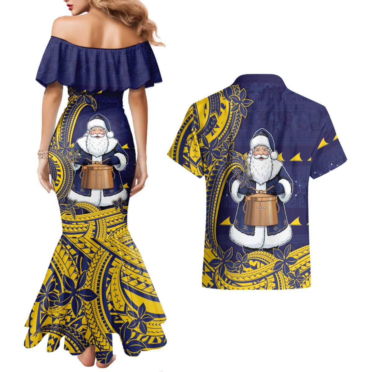 Tokelau Christmas Couples Matching Mermaid Dress and Hawaiian Shirt Santa With Tuluma Xmas Tribal Waves DT05 - Polynesian Pride