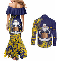 Tokelau Christmas Couples Matching Mermaid Dress and Long Sleeve Button Shirt Santa With Tuluma Xmas Tribal Waves DT05 - Polynesian Pride