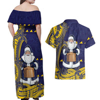 Tokelau Christmas Couples Matching Off Shoulder Maxi Dress and Hawaiian Shirt Santa With Tuluma Xmas Tribal Waves DT05 - Polynesian Pride