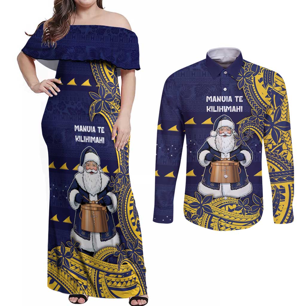 Tokelau Christmas Couples Matching Off Shoulder Maxi Dress and Long Sleeve Button Shirt Santa With Tuluma Xmas Tribal Waves DT05 Navy - Polynesian Pride