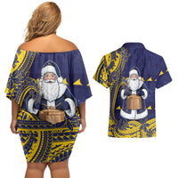 Tokelau Christmas Couples Matching Off Shoulder Short Dress and Hawaiian Shirt Santa With Tuluma Xmas Tribal Waves DT05 - Polynesian Pride