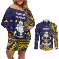 Tokelau Christmas Couples Matching Off Shoulder Short Dress and Long Sleeve Button Shirt Santa With Tuluma Xmas Tribal Waves DT05 Navy - Polynesian Pride