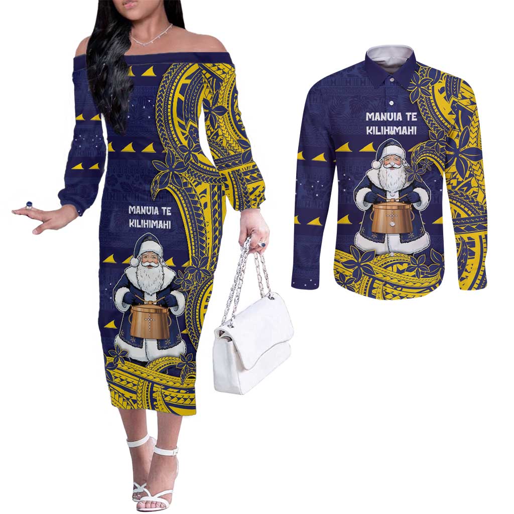 Tokelau Christmas Couples Matching Off The Shoulder Long Sleeve Dress and Long Sleeve Button Shirt Santa With Tuluma Xmas Tribal Waves DT05 Navy - Polynesian Pride