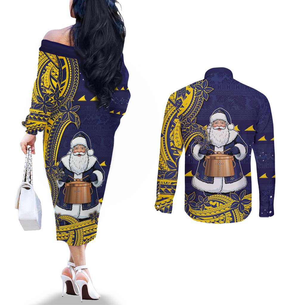 Tokelau Christmas Couples Matching Off The Shoulder Long Sleeve Dress and Long Sleeve Button Shirt Santa With Tuluma Xmas Tribal Waves DT05 - Polynesian Pride