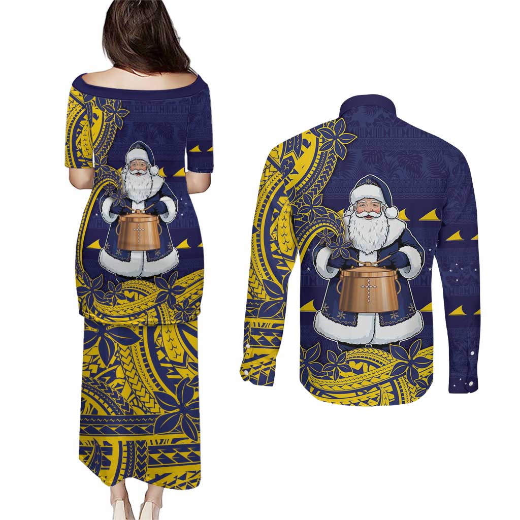 Tokelau Christmas Couples Matching Puletasi and Long Sleeve Button Shirt Santa With Tuluma Xmas Tribal Waves DT05 - Polynesian Pride