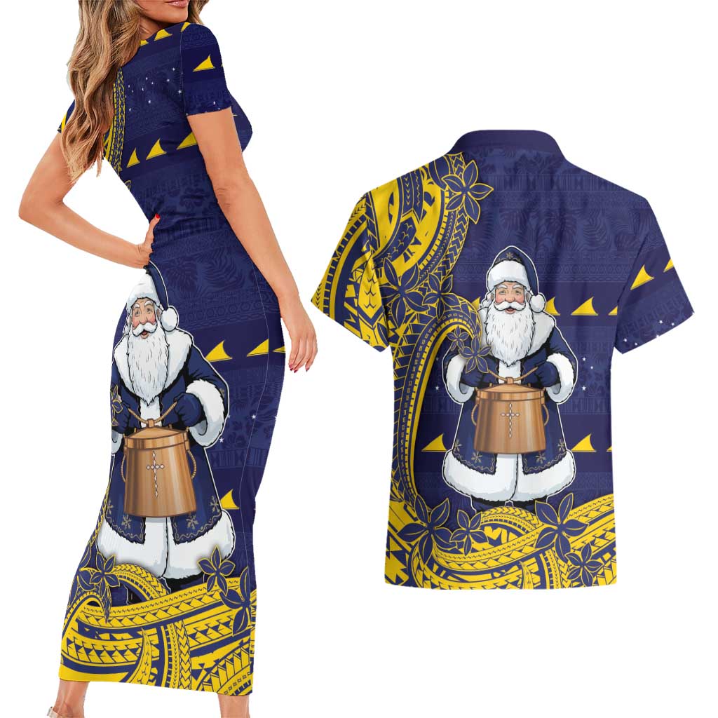 Tokelau Christmas Couples Matching Short Sleeve Bodycon Dress and Hawaiian Shirt Santa With Tuluma Xmas Tribal Waves DT05 - Polynesian Pride