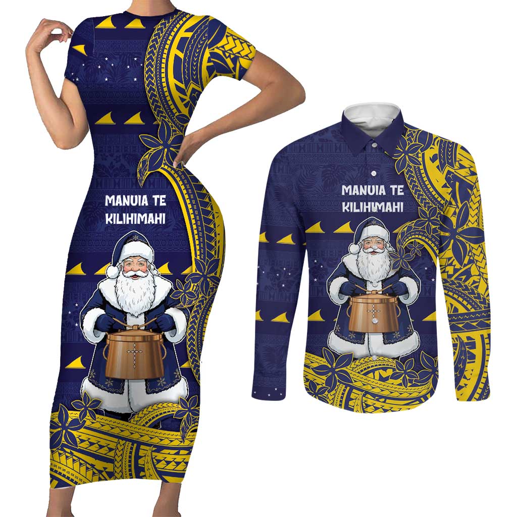 Tokelau Christmas Couples Matching Short Sleeve Bodycon Dress and Long Sleeve Button Shirt Santa With Tuluma Xmas Tribal Waves DT05 Navy - Polynesian Pride