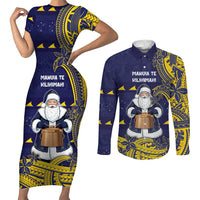 Tokelau Christmas Couples Matching Short Sleeve Bodycon Dress and Long Sleeve Button Shirt Santa With Tuluma Xmas Tribal Waves DT05 Navy - Polynesian Pride