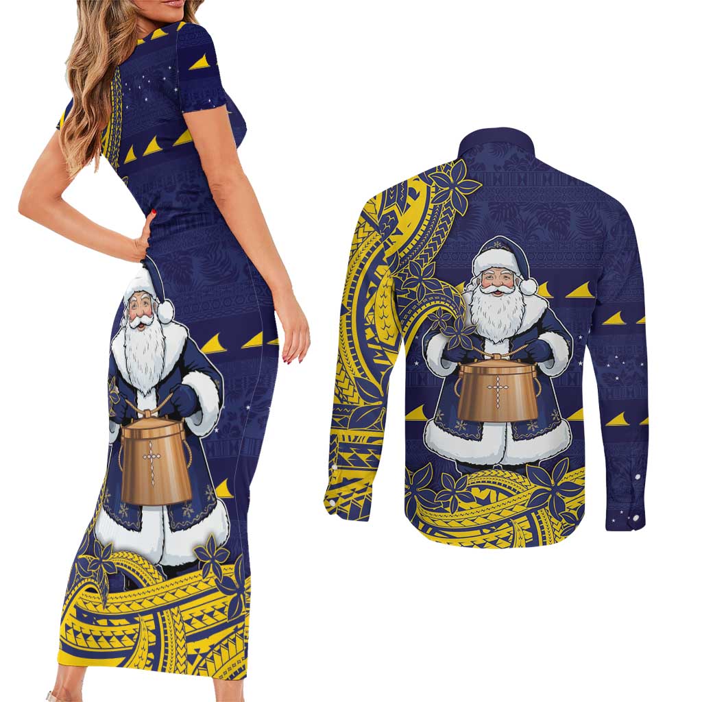Tokelau Christmas Couples Matching Short Sleeve Bodycon Dress and Long Sleeve Button Shirt Santa With Tuluma Xmas Tribal Waves DT05 - Polynesian Pride
