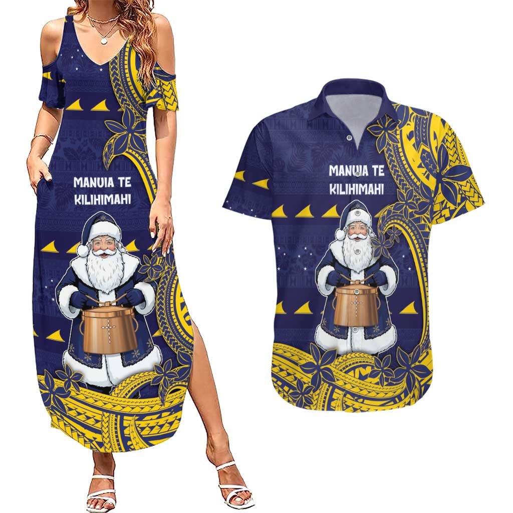 Tokelau Christmas Couples Matching Summer Maxi Dress and Hawaiian Shirt Santa With Tuluma Xmas Tribal Waves DT05 Navy - Polynesian Pride