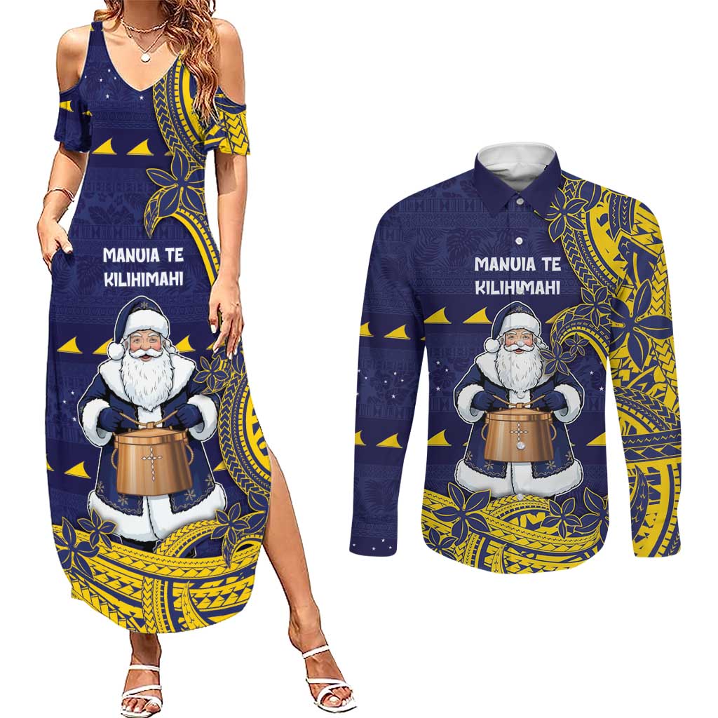 Tokelau Christmas Couples Matching Summer Maxi Dress and Long Sleeve Button Shirt Santa With Tuluma Xmas Tribal Waves DT05 Navy - Polynesian Pride