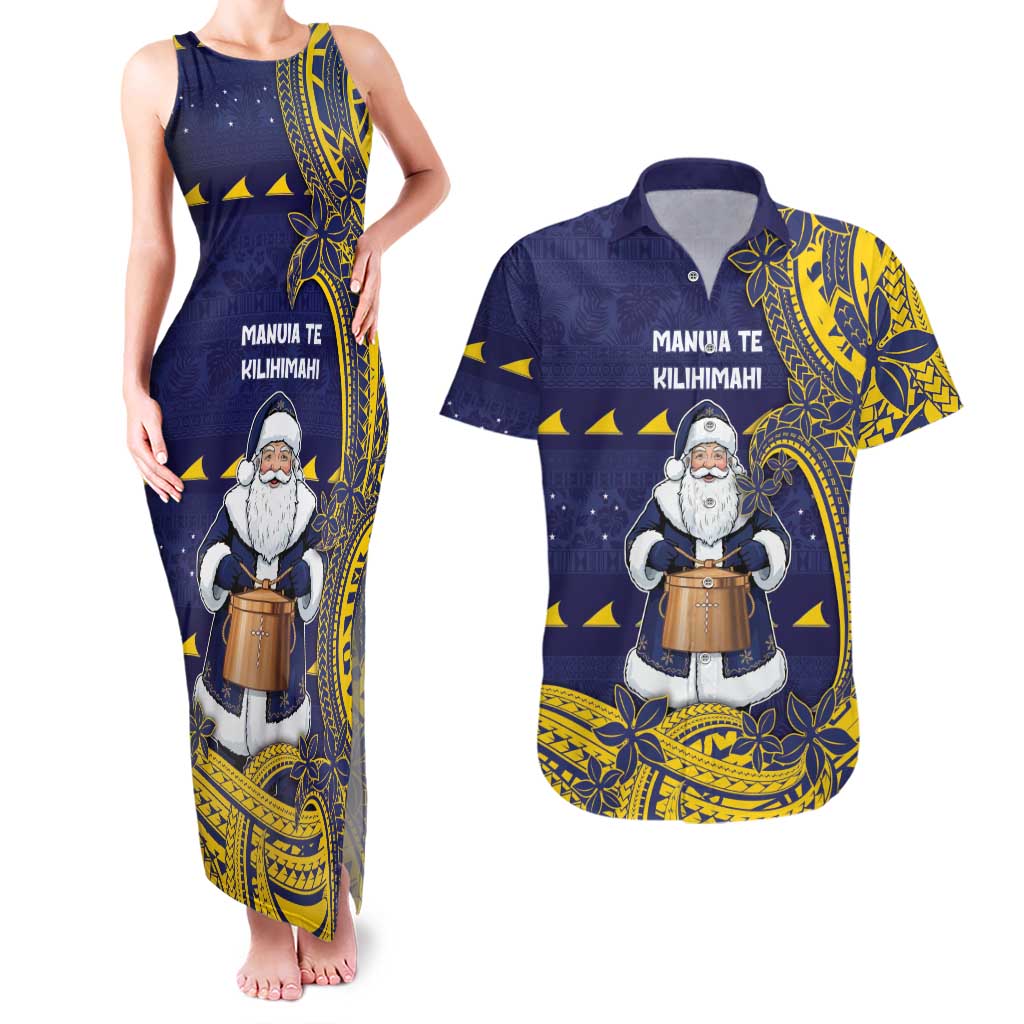Tokelau Christmas Couples Matching Tank Maxi Dress and Hawaiian Shirt Santa With Tuluma Xmas Tribal Waves - Polynesian Pride