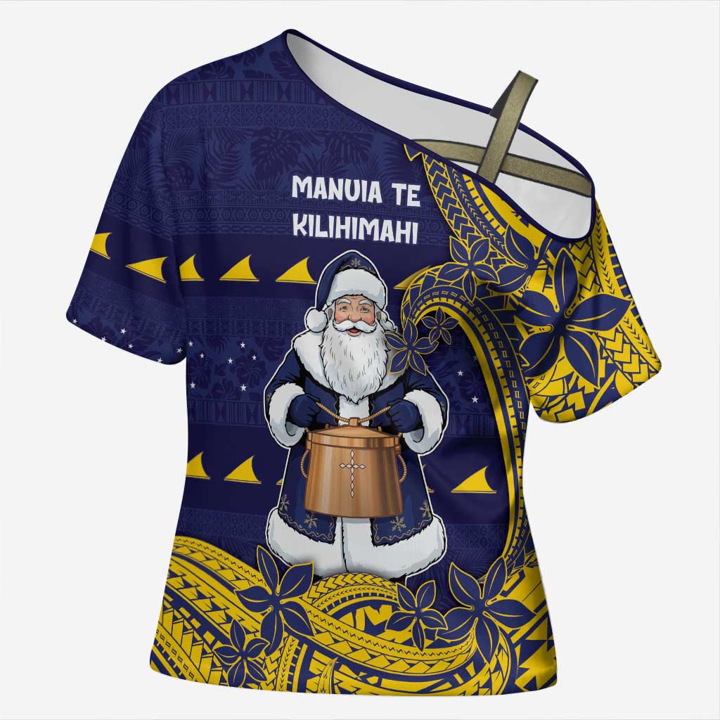 Tokelau Christmas Cross Shoulder Shirt Santa With Tuluma Xmas Tribal Waves DT05 Female Navy - Polynesian Pride