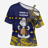 Tokelau Christmas Cross Shoulder Shirt Santa With Tuluma Xmas Tribal Waves DT05 Female Navy - Polynesian Pride