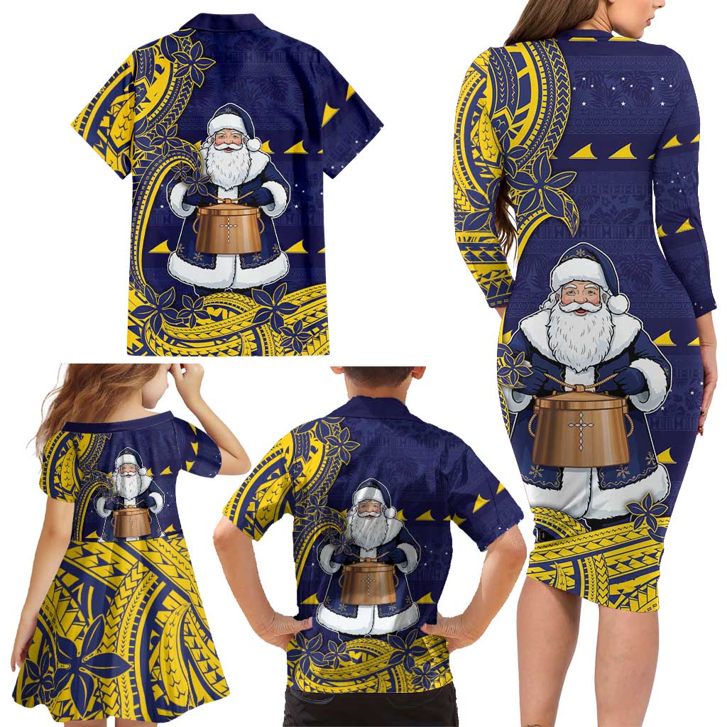 Tokelau Christmas Family Matching Long Sleeve Bodycon Dress and Hawaiian Shirt Santa With Tuluma Xmas Tribal Waves DT05 - Polynesian Pride