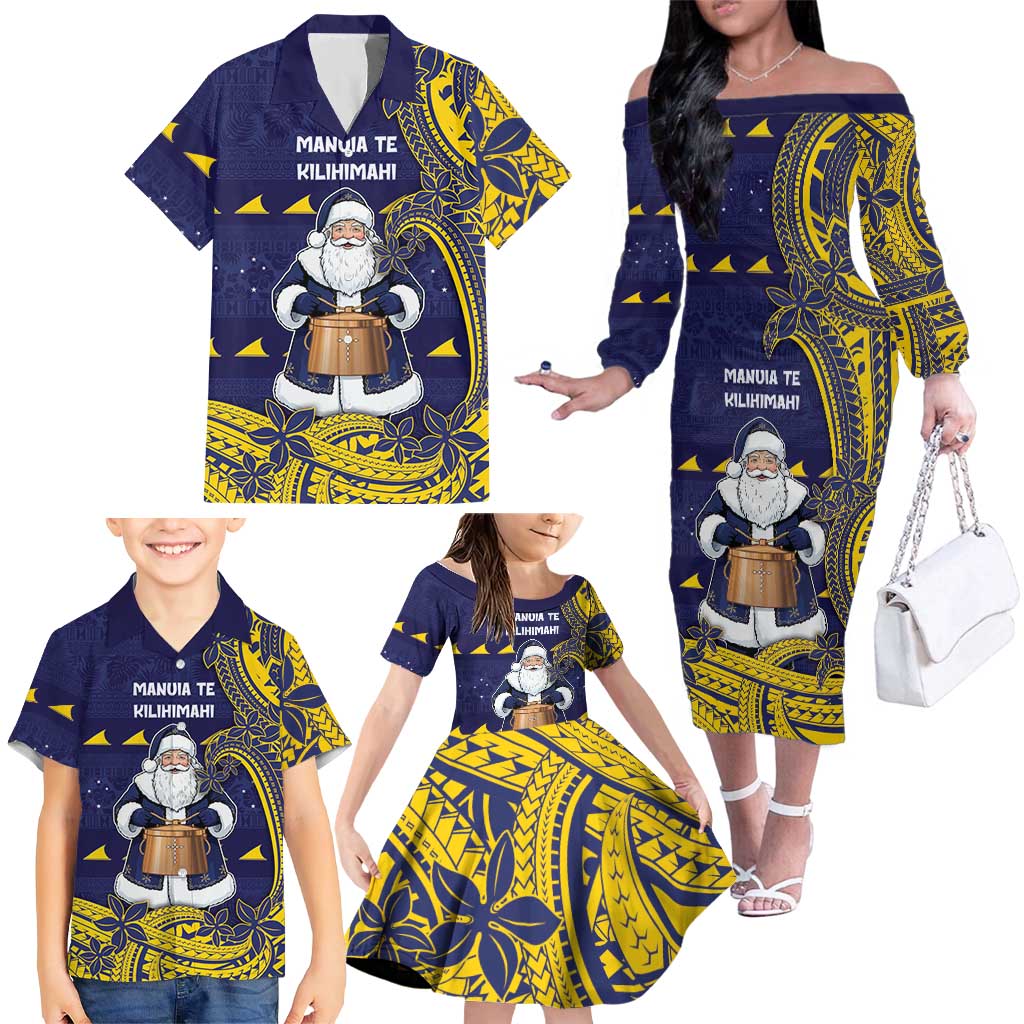 Tokelau Christmas Family Matching Off The Shoulder Long Sleeve Dress and Hawaiian Shirt Santa With Tuluma Xmas Tribal Waves DT05 - Polynesian Pride