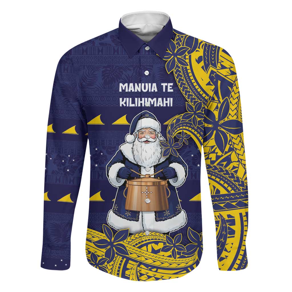 Tokelau Christmas Family Matching Off The Shoulder Long Sleeve Dress and Hawaiian Shirt Santa With Tuluma Xmas Tribal Waves DT05 Dad's Shirt - Long Sleeve Navy - Polynesian Pride