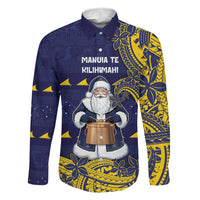 Tokelau Christmas Family Matching Off Shoulder Maxi Dress and Hawaiian Shirt Santa With Tuluma Xmas Tribal Waves DT05 Dad's Shirt - Long Sleeve Navy - Polynesian Pride