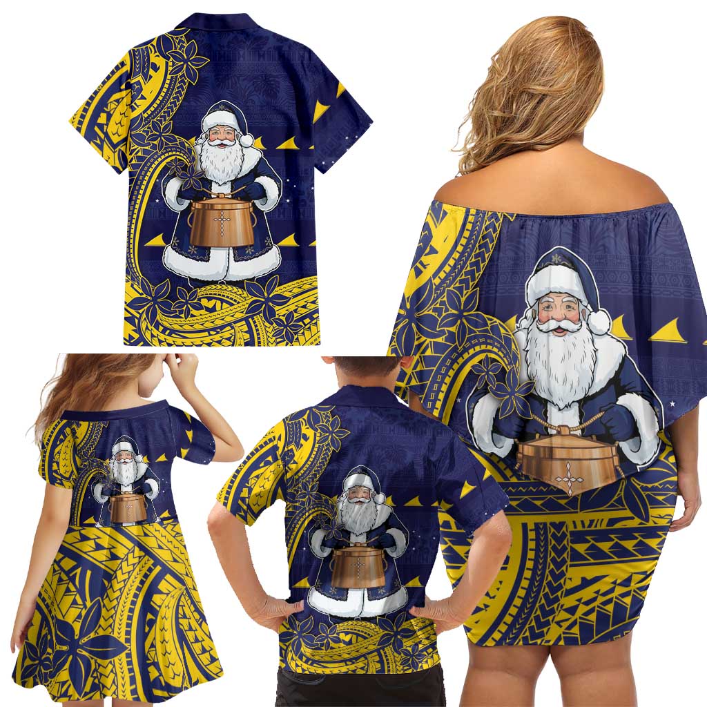Tokelau Christmas Family Matching Off Shoulder Short Dress and Hawaiian Shirt Santa With Tuluma Xmas Tribal Waves DT05 - Polynesian Pride